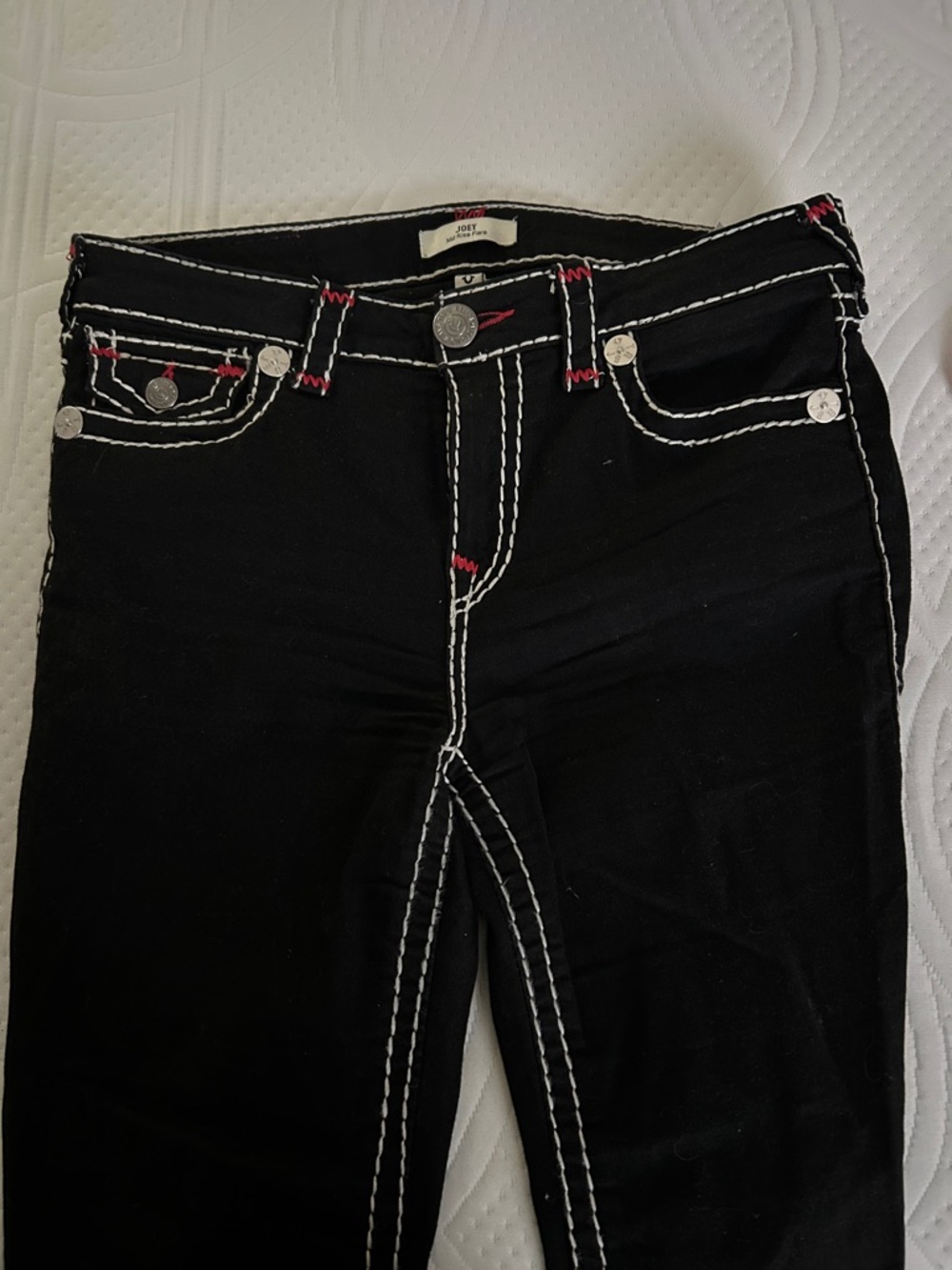 True Religion-Black Joey Mid Rise Flair Jeans w/ Contrast Stitching-Red/White,29